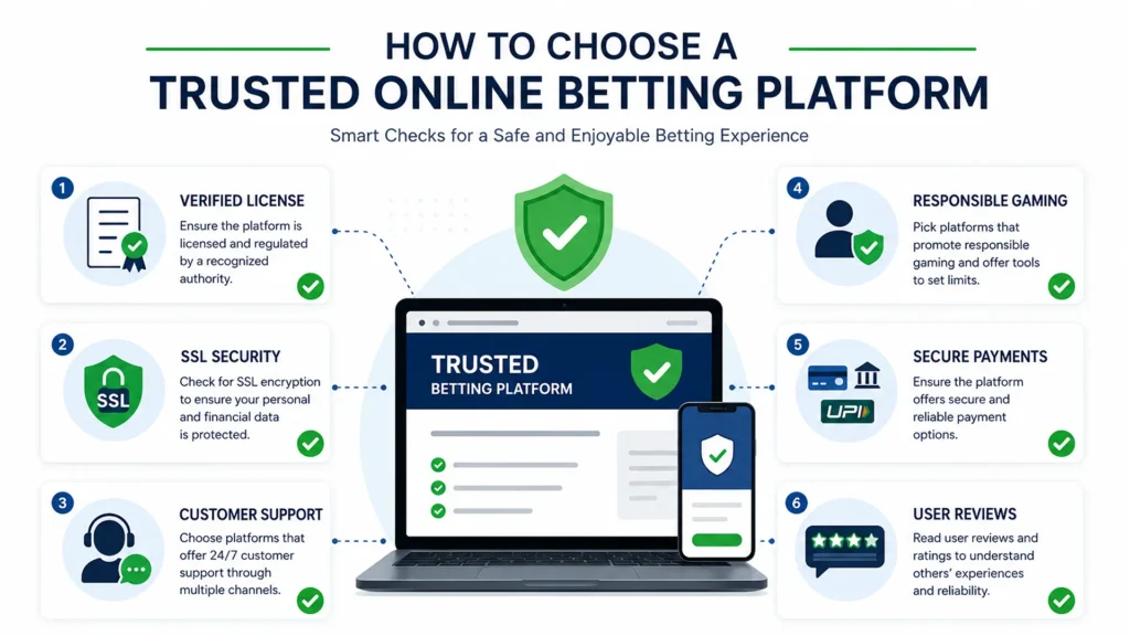 Illustration showing key features of a trusted online betting platform, including licensing, secure payments, and customer support.
