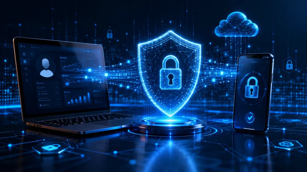 Digital security shield protecting user accounts with encrypted online access
