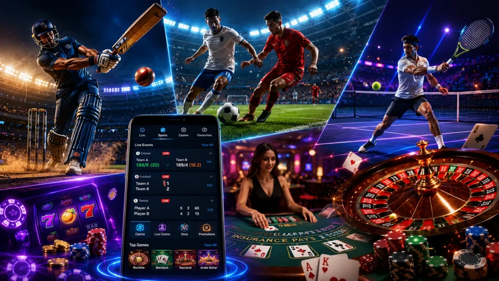 Sports and casino entertainment interface featuring cricket, football, tennis, and live casino games