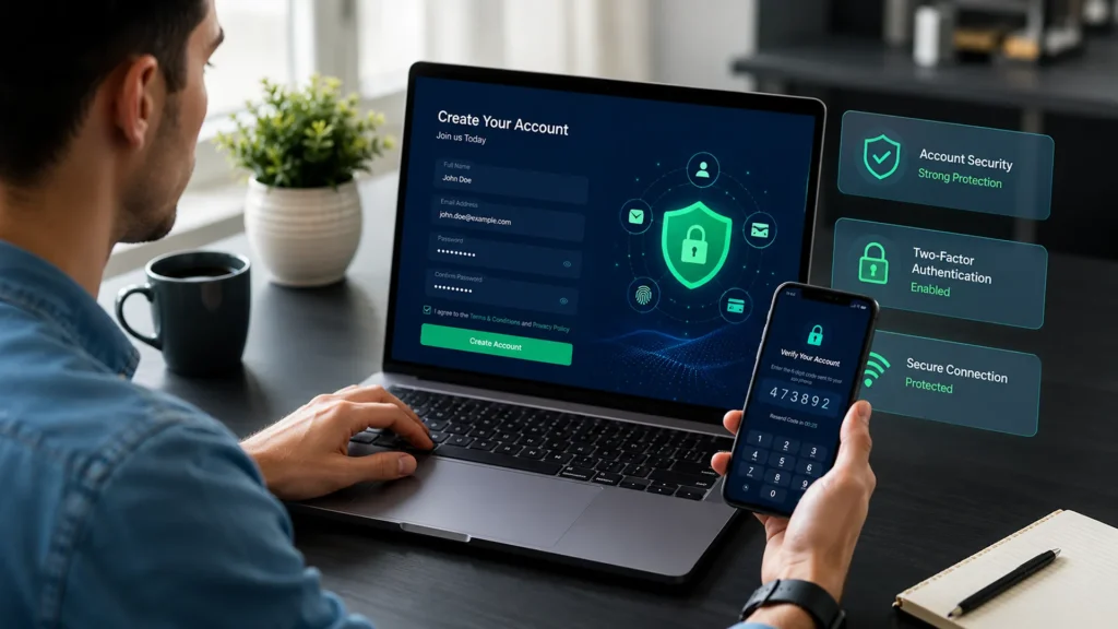 User creating a Lotus365 account on a laptop with mobile OTP verification.