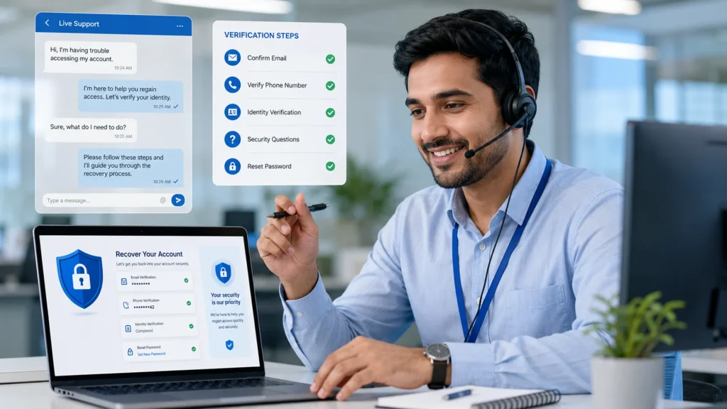 Customer support representative helping a user recover access to a secure online account.