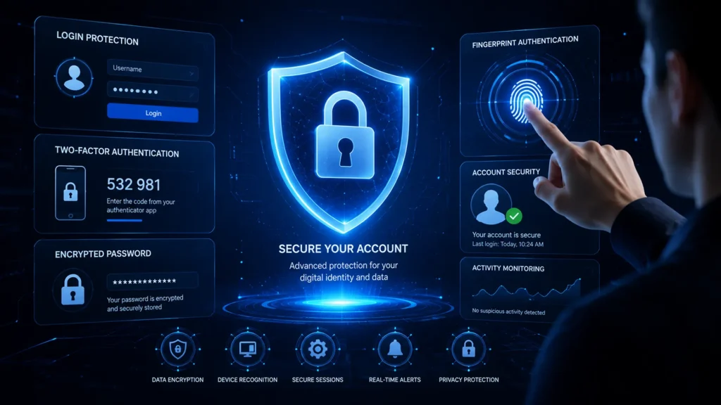 Cybersecurity dashboard with login protection, two-factor authentication, and encrypted password icons.