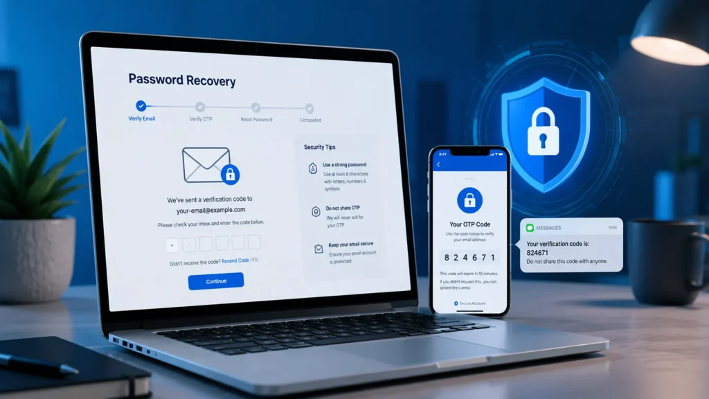 Laptop displaying a password recovery page with email verification and OTP security.
