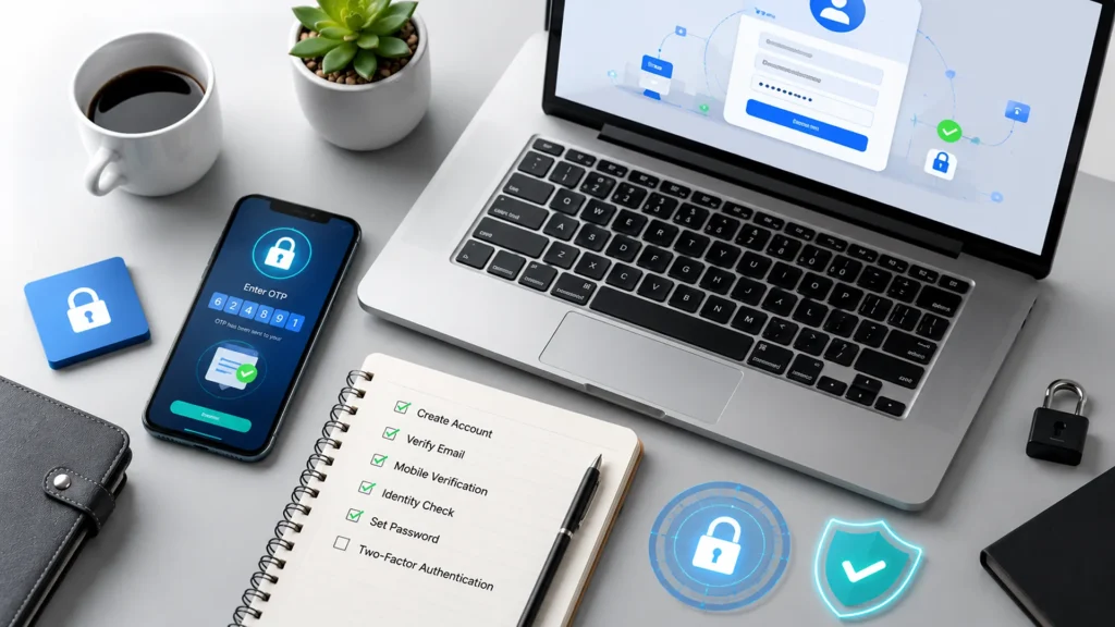 Lotus365 registration guide with smartphone, laptop, and account setup checklist.