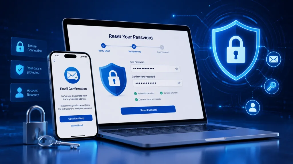 Secure login and account recovery illustration with laptop, smartphone, and security icons.