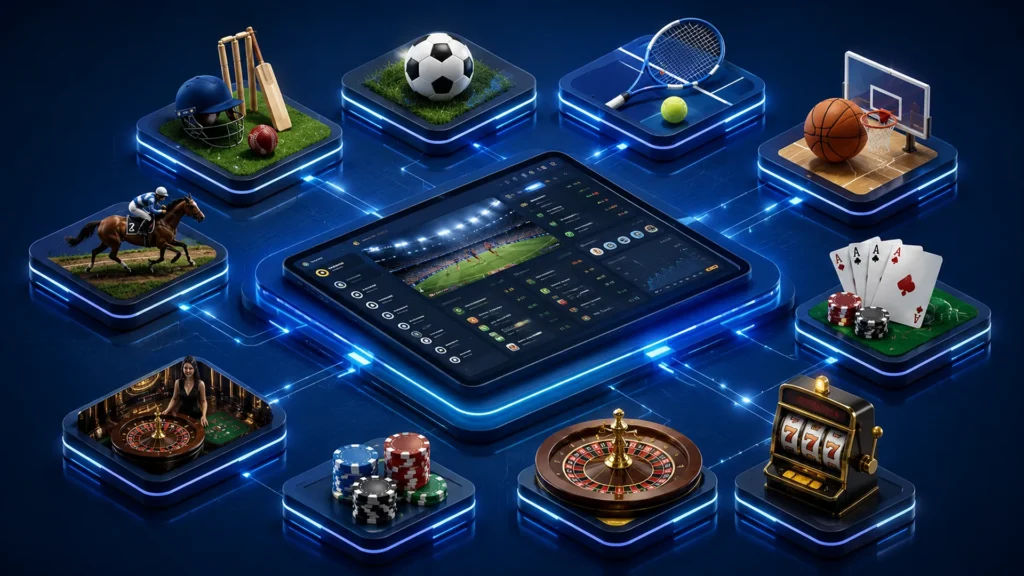 Digital illustration showing sports betting markets and casino gaming categories available on Lotus365.