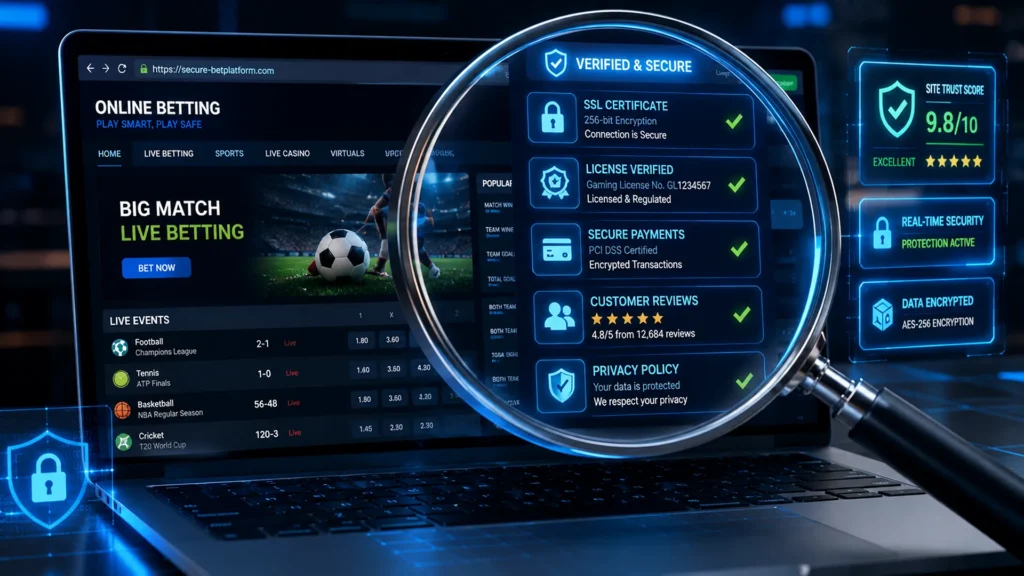 Magnifying glass inspecting an online betting website for license verification, SSL security, and trusted payment options.
