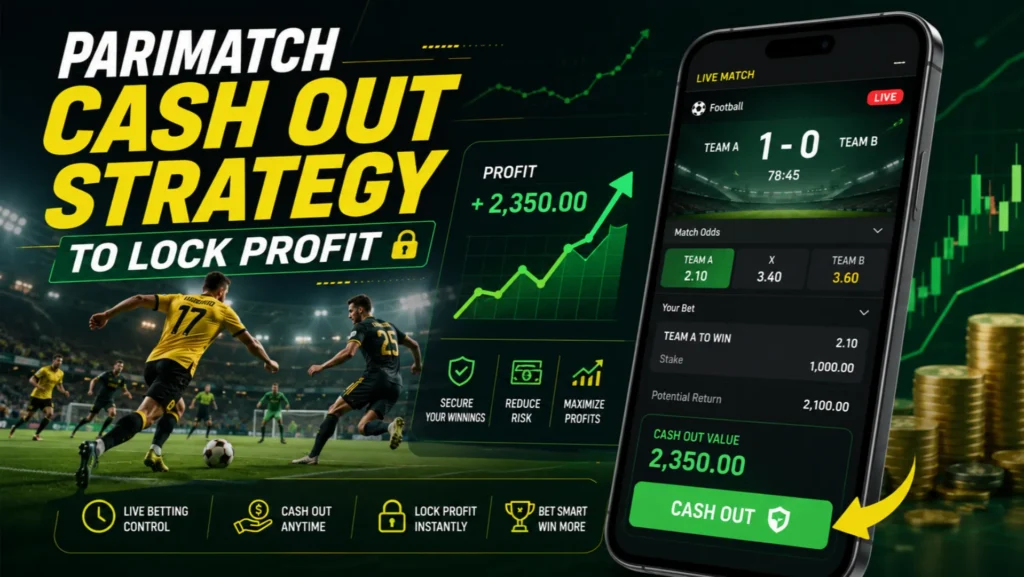 Parimatch Cash Out Strategy to Lock Profit Parimatch cash out strategy showing a live betting interface with a cash out button used to lock profit during a football match.