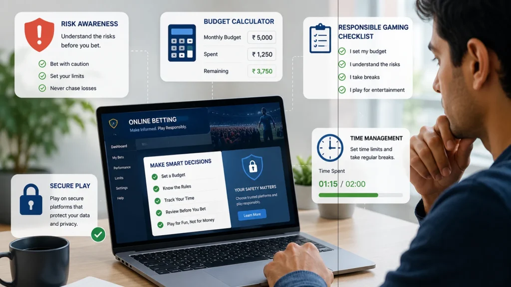 Person practicing responsible online betting with budget planning, time management, and security features.