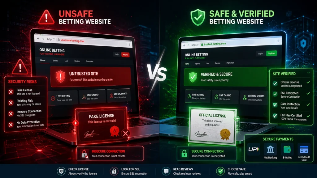 Comparison between a fake and a verified online betting website with clear security and warning indicators.