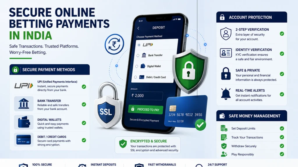 Secure online betting payment methods with UPI, bank transfer, digital wallet, and SSL security icons.