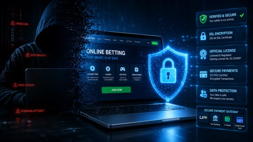 Secure online betting platform protected by cybersecurity features compared with hacker threats.