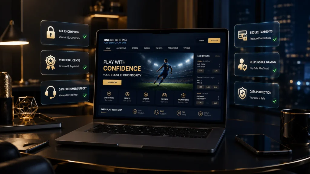 Verified online betting platform dashboard displaying security badges, SSL protection, and secure payment features.
