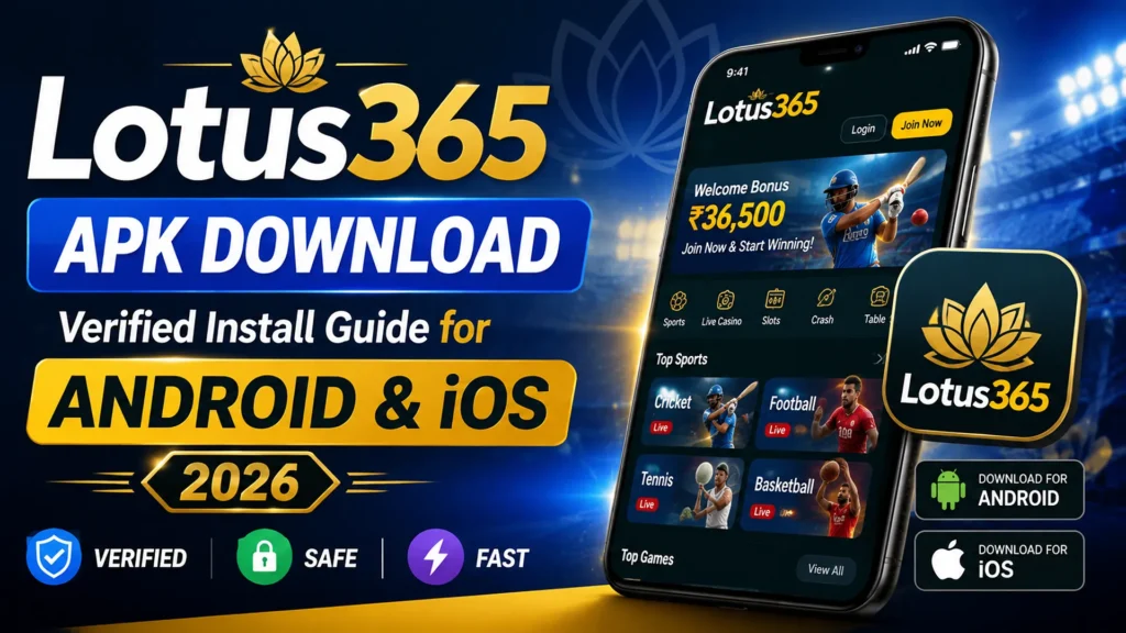 Lotus365 APK download guide for Android and iOS showing the app interface on a smartphone with a verified installation theme.