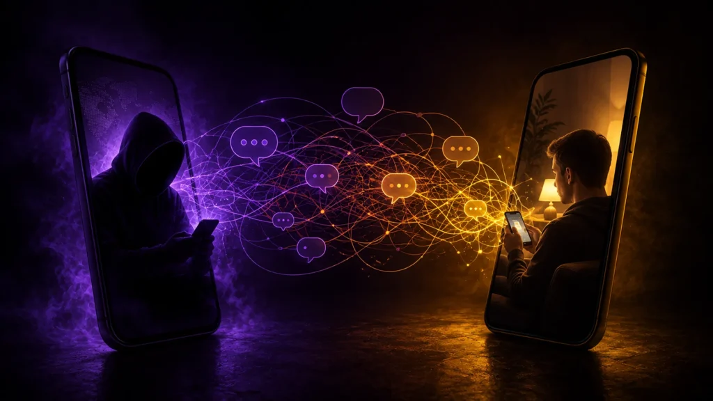 How Lotus365's Agent ID System Works Two smartphones connected by a glowing chat thread, one in shadow, representing an anonymous betting agent issuing a Lotus365 ID