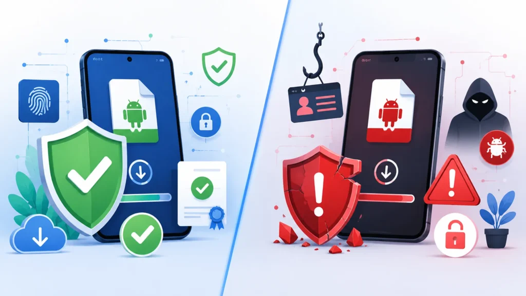 Genuine vs Fake Lotus365 APK Comparison of a verified APK and fake APK with security warning icons