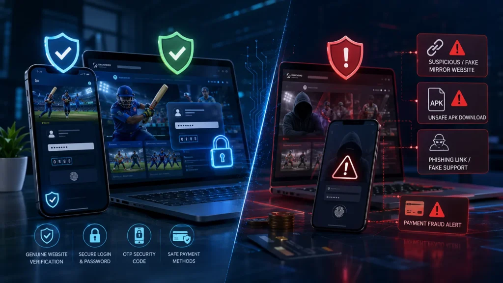 Lotus365 Win Safety Guide Lotus365 Win safety guide showing fake website, APK, and OTP scam risks